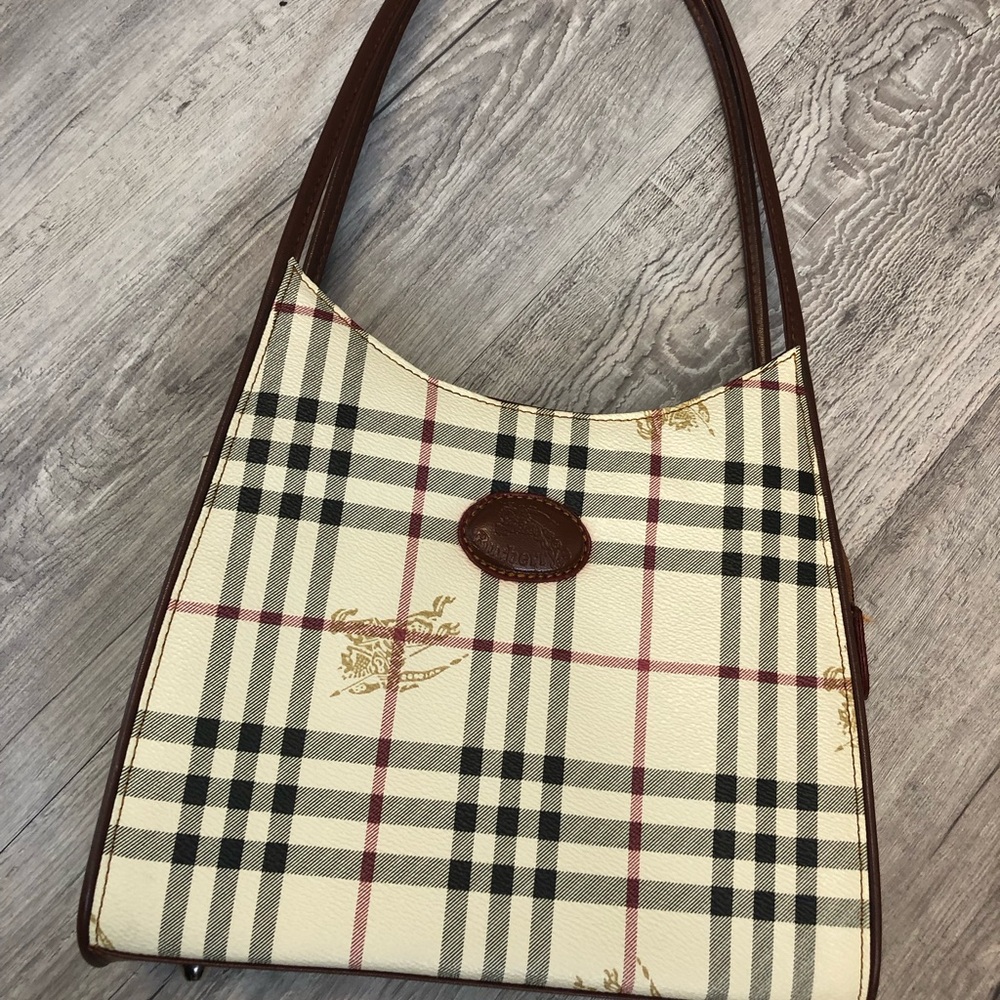Cream Plaid Shoulder Bag with Brown Trim